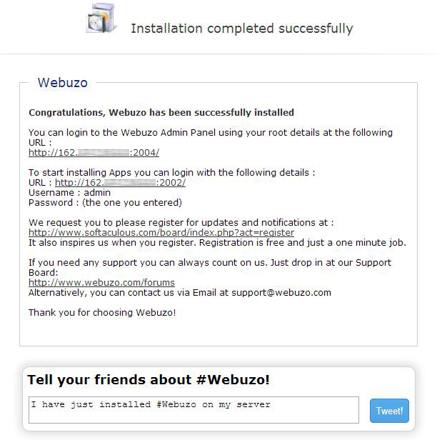 Завершение установки Webuzo