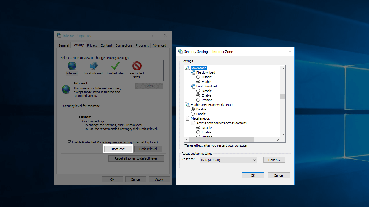 Окно с опциями настроек безопасности для Internet Explorer
