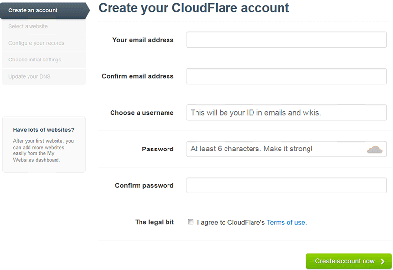 Создание аккаунта в CloudFlare