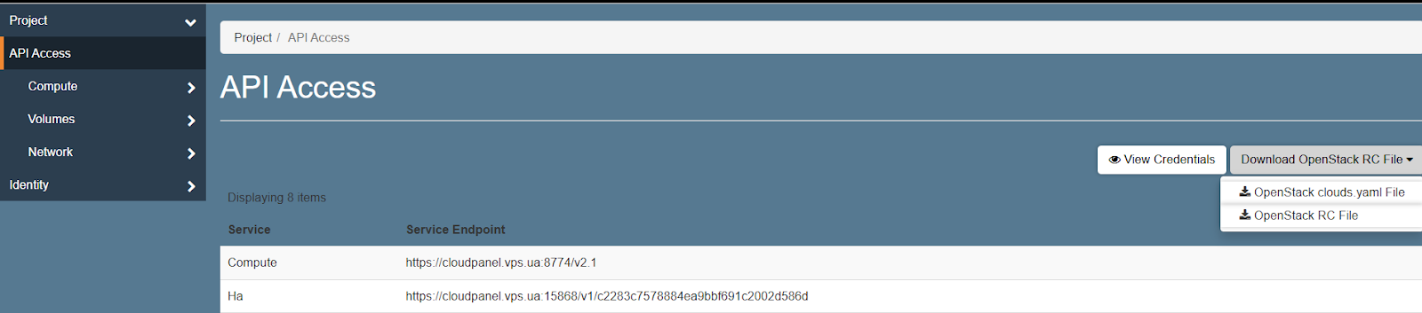 Розділ «Project → API Access → Download OpenStack RC File → OpenStack clouds.yaml File» у панелі керування хмарою
